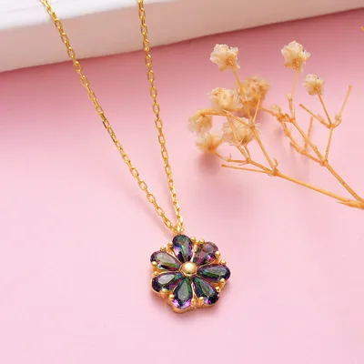 Mystic Topaz Stone Flower Silver Necklace