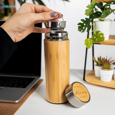 Name and Initial Printed Bamboo Thermos Flask with Tea Strainer