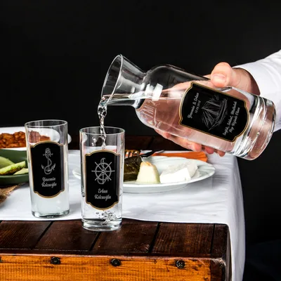 Nautical-Themed Personalized Rakı Glass and Carafe Set
