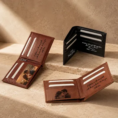 Personalized Anniversary Bifold Leather Wallet – Custom Inside Design with Photo & Message