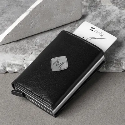 Personalized Automatic Card Wallet in Leather with Silver Initial Emblem