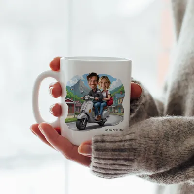 Personalized Cartoon Couple Mug with Scooter Design