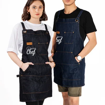 Personalized Denim Chef Aprons for Couples with Leather Accents