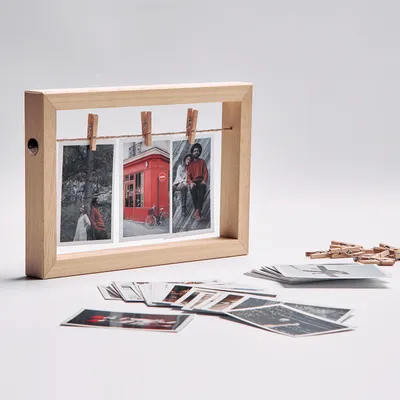 Personalized Desktop Photo Holder with Hanging String and Wooden Frame
