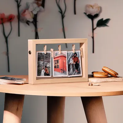 Personalized Desktop Photo Holder with Hanging String and Wooden Frame