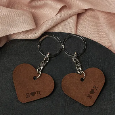 Personalized Heart Leather Keychain Set for Couples