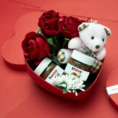 Personalized Heart Shaped Gift Box Nutella Teddy Bear Keychain and Roses