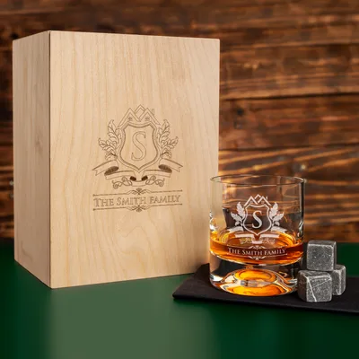 Personalized Home Gifts Whiskey Glass Set in Wooden Box