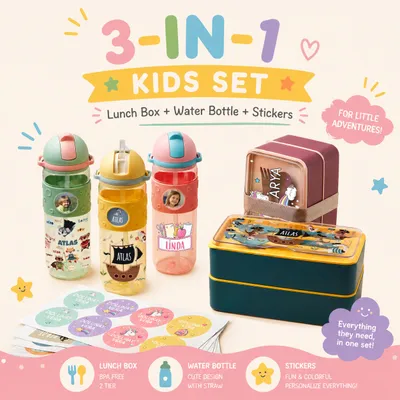 Personalized Kids Back to School Set – Lunch Box, Water Bottle & Name Stickers