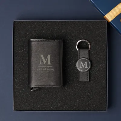 Personalized Leather Wallet and Keychain Gift Set for Him