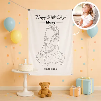 Personalized Line Art Birthday Banner with Photo - 37 x 57 inches