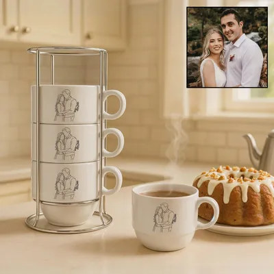 Personalized Line Art Mug Set with Stand for Couples - Set Of 4