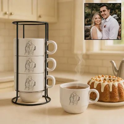 Personalized Line Art Mug Set with Stand for Couples - Set Of 4