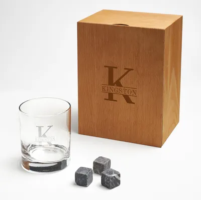 Personalized Monogram Whiskey Glass Set with Wooden Box