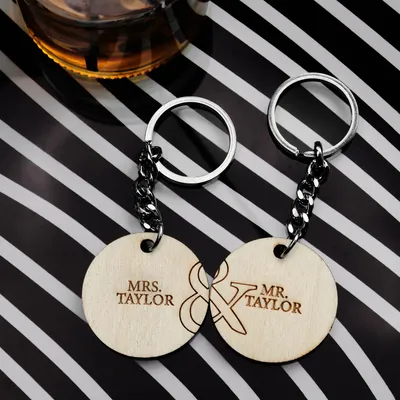 Personalized Mr. and Mrs. Wooden Keychain Set