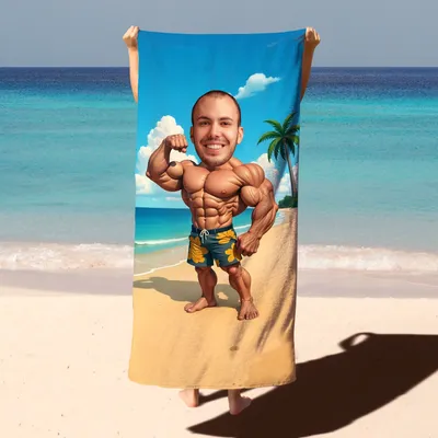Personalized Muscle Man Cartoon Beach Towel for Men