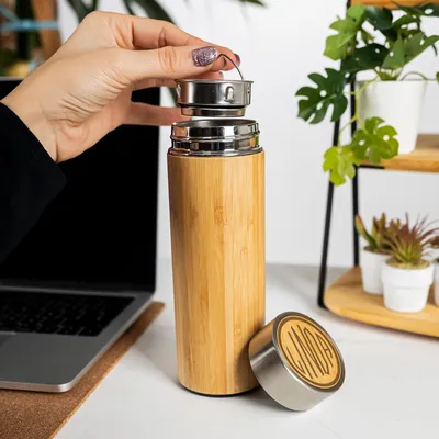 Personalized Name Printed Bamboo Thermos Flask with Tea Strainer