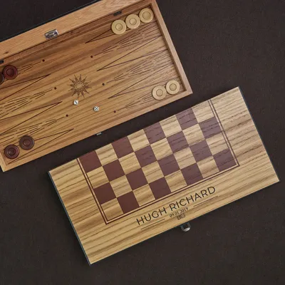 Personalized Oak Backgammon Set with Checkered Lid