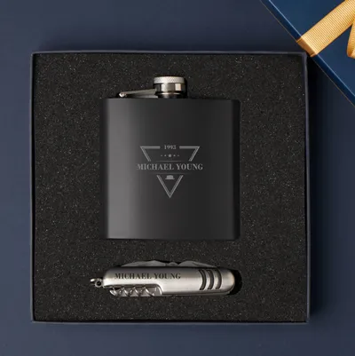 Personalized Stell Flask and Pocket Tool Gift Set for Him