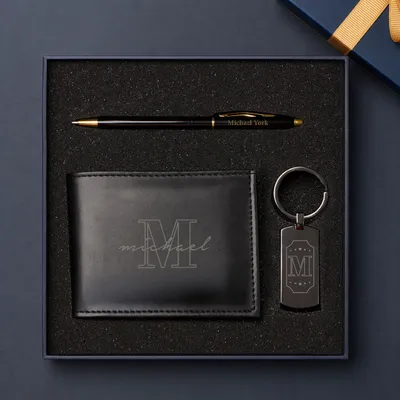 Personalized Vegan Leather Wallet Pen Keychain Gift Set