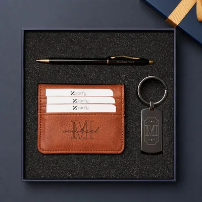 Personalized Wallet, Pen and Keychain Gift Set for Him