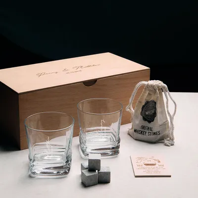 Personalized Whiskey Glass Set with Wooden Box and Chilling Stones