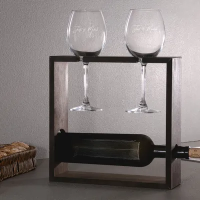 Personalized Wine Glass and Wooden Stand Set for Couples