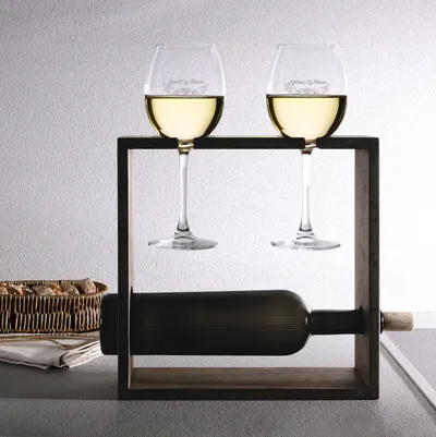 Personalized Wine Glass Set with Decorative Bottle Stand