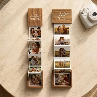 Personalized Wooden Accordion Photo Box with Design Options