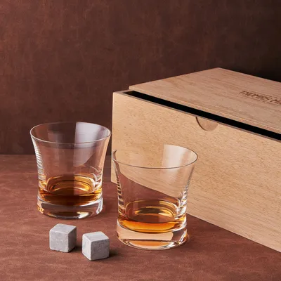 Personalized Wooden Box Whiskey Glass and Chilling Stones Set