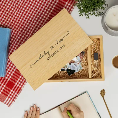 Personalized Wooden Picture Keepsake Box for Couples with USB Flash Drive