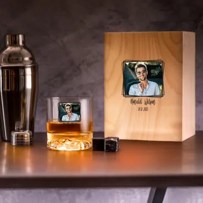 Photo Printed and Name Personalized Whiskey Glass Set