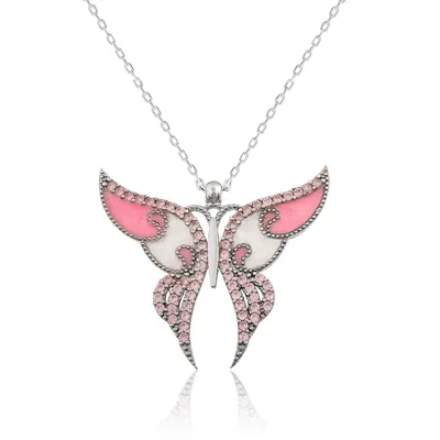 Pink Winged Ornate Silver Butterfly Necklace