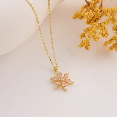 Pink Zircon Lotus Flower Silver Necklace