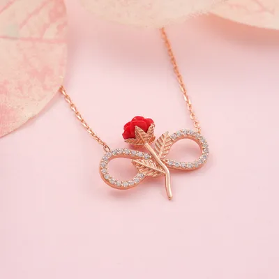 Red Rose Themed Gold Plated Necklace with Infinity Shape
