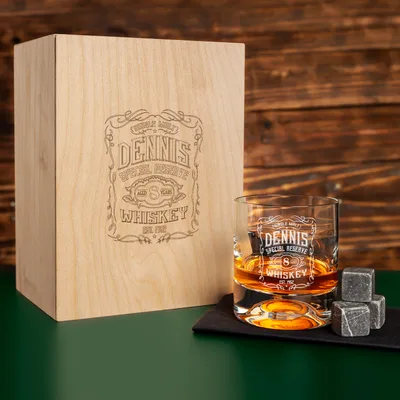 Retro Design Personalized Whiskey Glass Set Custom Wooden Box