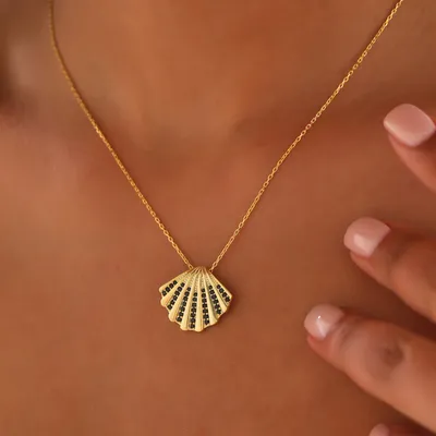 Sea Shell Pendant Gold Plated Necklace with Zirconia Stones