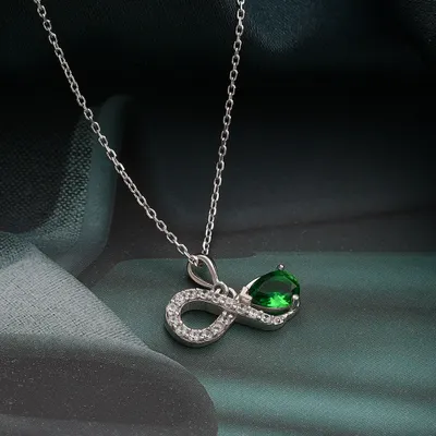 Silver Necklace with Infinity Pendant with Green Emerald Stone