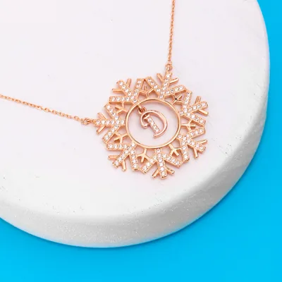 Snowflake with Initial Silver Rose Gold Finish Necklace Pendant