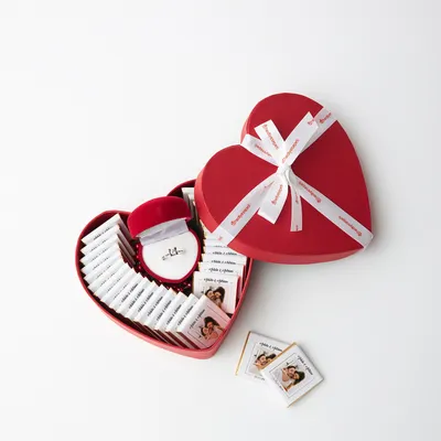 Solitaire Diamond Ring in Heart Shaped Box full of Personalized Chocolates