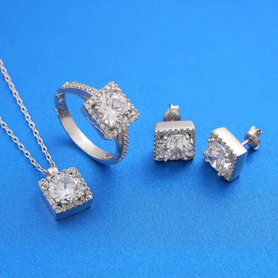 Solitaire Silver Jewelry Set with Necklace Earrings Ring
