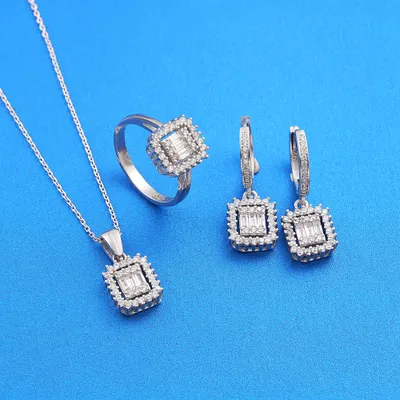 Sterling Silver Baguette Jewelry Set for Valentine's Day Gift