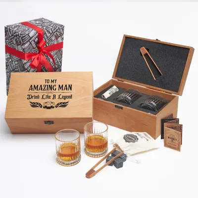 To My Amazing Man Desing Wooden Box Glasgov 2 x Whiskey Glass and Cooling Stones Set