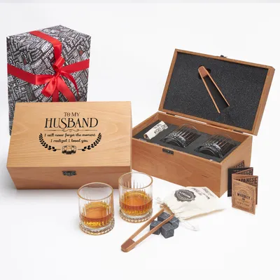 To My Husband Desing Wooden Box Glasgow 2 pcs Whiskey Glasses and Cooling Stones Set