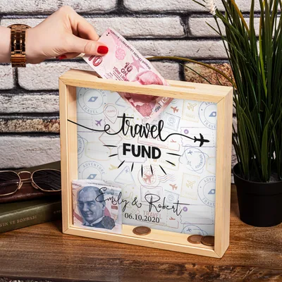 Travel Fund Personalized Wooden Piggy Bank Display Box