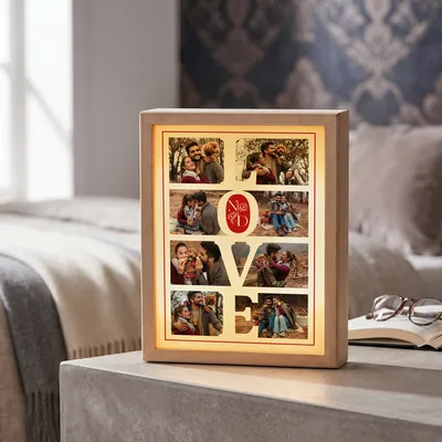 Valentine's Day Gift Personalised Wooden Photo Print LED Lamp with Love Design