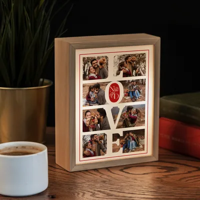 Valentine's Day Gift Personalised Wooden Photo Print LED Lamp with Love Design