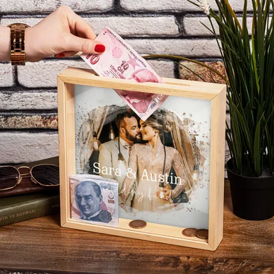Water Painting Design Wooden Tableau Piggy Bank with Name and Photo