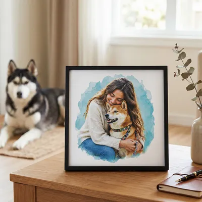 Memorial Pet Gift Personalized Watercolor Effect Photo Painting with Self Adhesive Frame