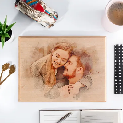 Custom Wooden Photo with Watercolor Drawing Effect as Birthday Gift for Her